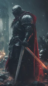 Armored dark knight stands in rainlit battlefield tableau