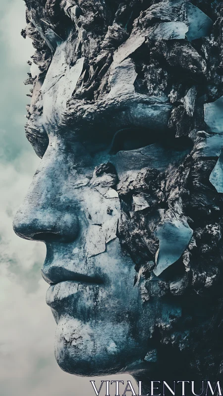 Weathered stone face emerges solemnly from drifting clouds