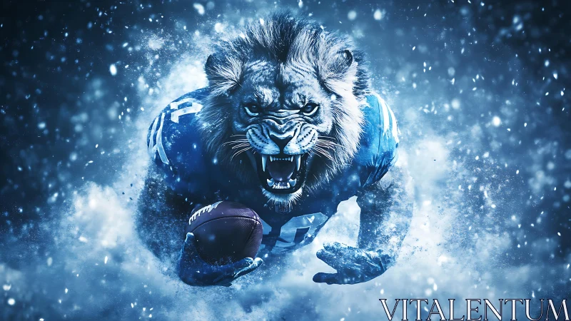 Roaring lion football warrior bursts through icy blizzard field.