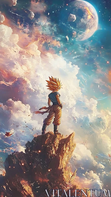 Solar-haired warrior crowns a floating summit beneath worlds