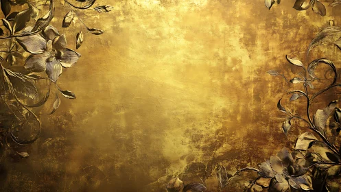 Gold floral relief on distressed metallic background wall.