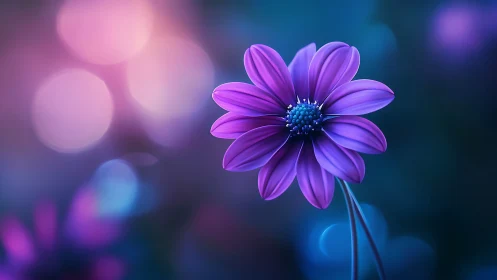 Purple Daisy Flower Against Blue Bokeh Background.