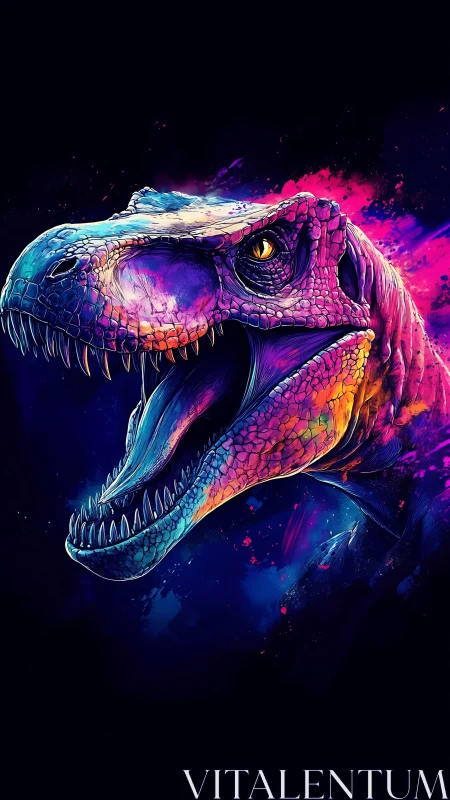 Neon T‑Rex roaring in glowing cosmic rainbow colors.