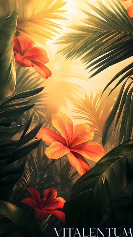 Tropical Hibiscus Garden Beneath Golden Sunlight.