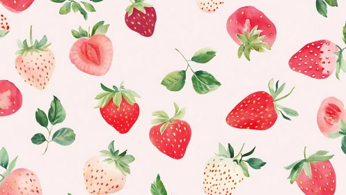 Watercolor strawberry pattern with soft botanical repetition.