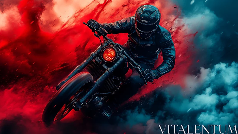 Motorcyclist executes lean in dense red and blue smoke