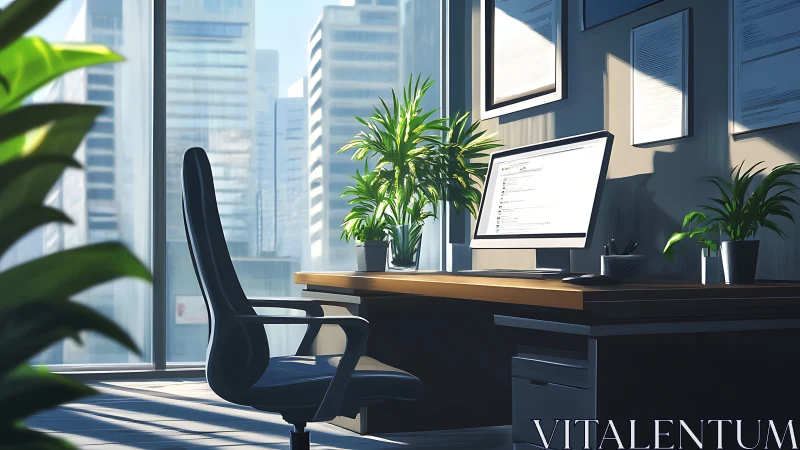 High-rise office workspace with cityscape view and integrated plant placement.