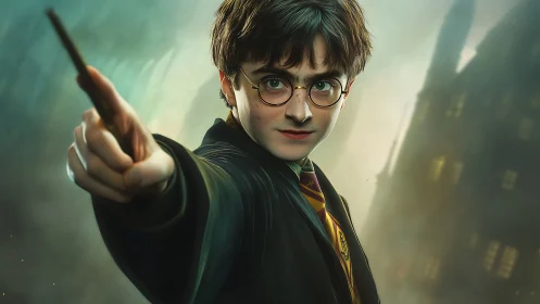 Young robed figure extends wand toward viewer in misty setting