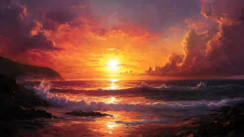 High-saturation seascape sunset with luminous stratocumulus sky