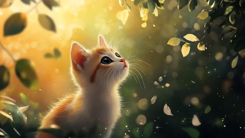 Kitten Gazes Upward Among Golden Autumn Leaves.