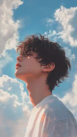 Side-profile portrait uniting soft backlight with cloudscape