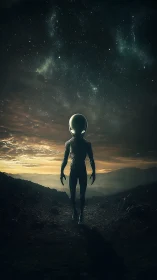 Starlit alien wanderer walks a lonely path at dusk