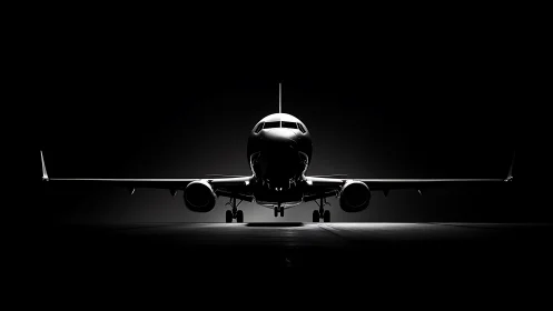 Jet airliner nose view under dramatic low key lighting contrast