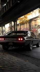 Vintage muscle car glows under urban overpass at dusk.