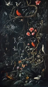 Nocturnal aviary entwined with florals and winding roots.