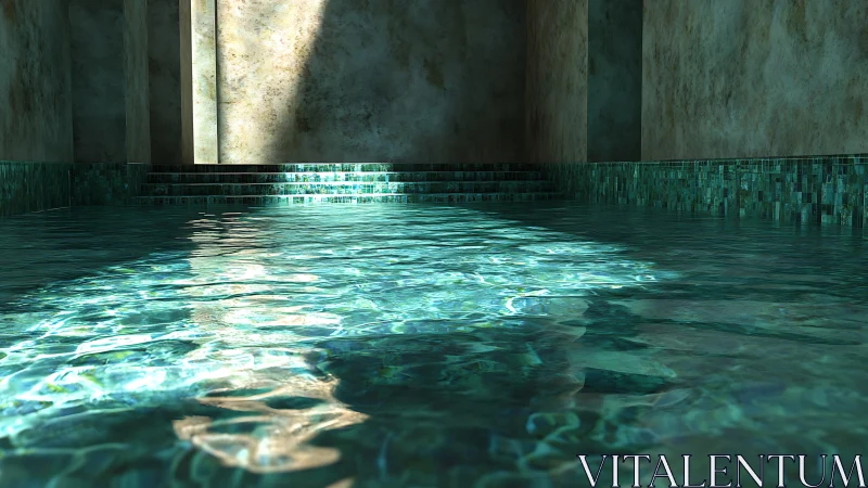 Sunlit hidden pool shimmers inside quiet stone sanctuary.