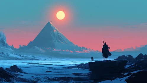Distant pyramid in frozen landscape under high sun.