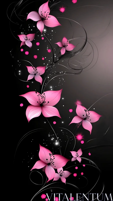 Pink Blossoms Dancing Against Dark Canvas with Luminescent Particle Effects.