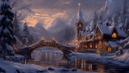 Snowlit village and star-topped steeple by a glowing river.