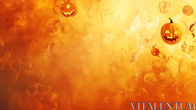 Multiple jack-o-lantern graphics float over orange vapor field