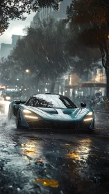 Electric-blue supercar slicing through stormy city streets.