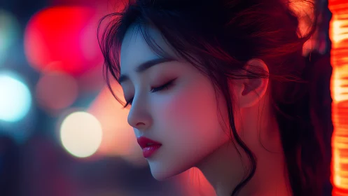 Side profile portrait shows woman in neon city bokeh light