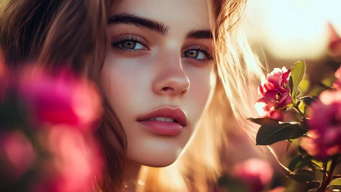Close portrait of young woman framed by pink garden flowers.