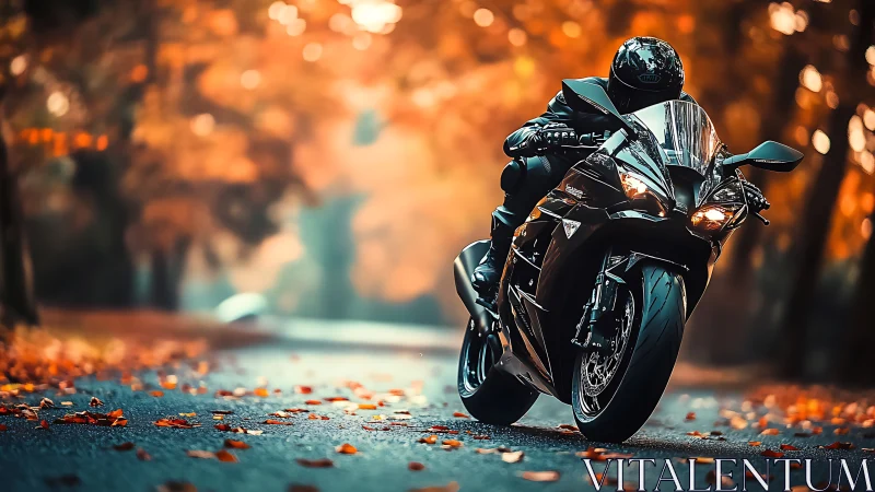 Autumn road welcomes a sleek motorcycle rider in motion