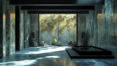 Minimalist Pavilion with Golden Foliage and Reflecting Water.