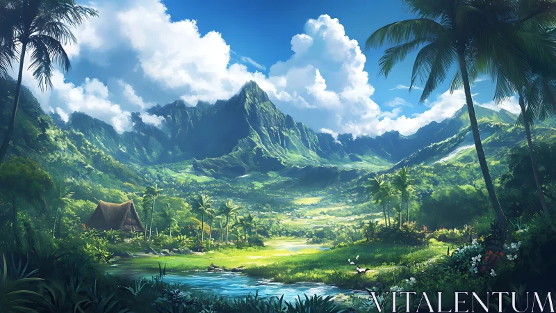 Lush tropical valley rendered in luminous digital landscape painting