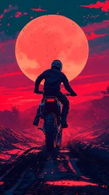 Motorcyclist rides toward neon red supermoon horizon