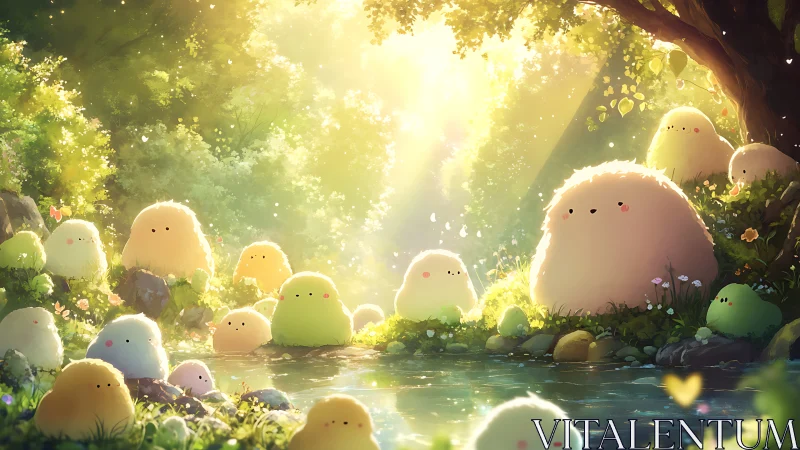 Soft round forest creatures gathered by sunlit stream.