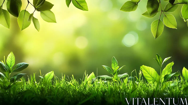 Fresh Green Grass and Leaves in Sunlight, Nature Background.