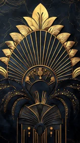 Radiant gold Art Deco fan rises over deep midnight blue