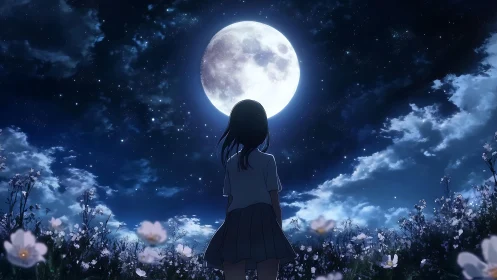 Girl under luminous full moon in starry flower field.