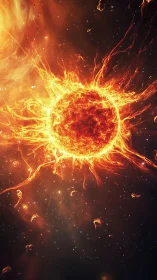 Digital painting of eruptive star with radial plasma flares.