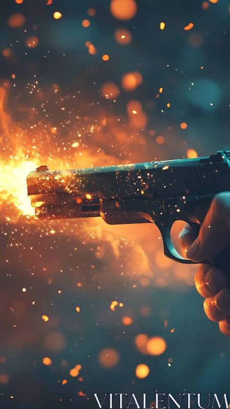 Firearm with muzzle flash and particle dispersion.