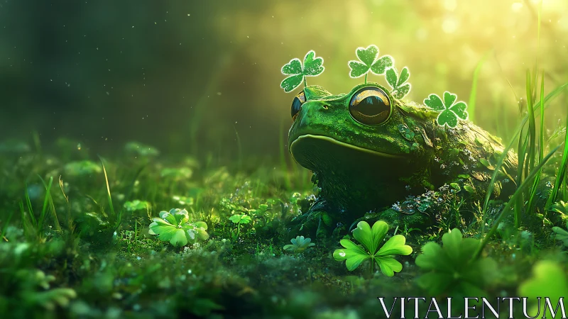 Emerald forest frog crowned with clover under diffuse sunrise light