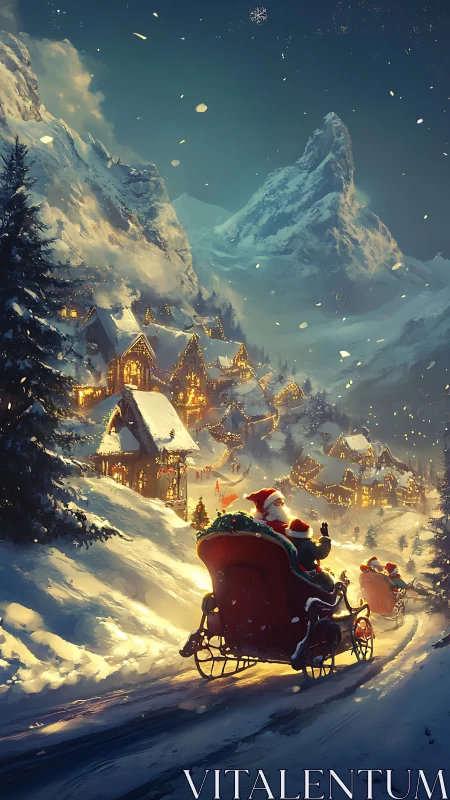 Santa sleighs pass snowy village under glowing mountain.