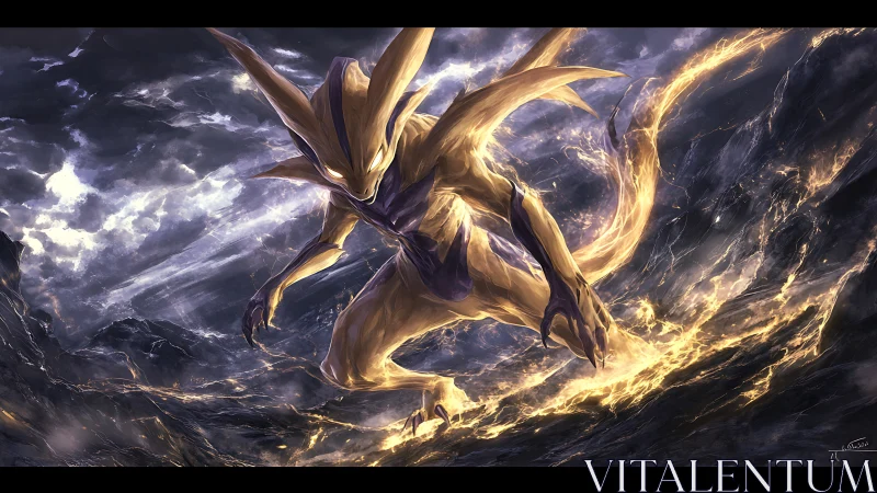 Storm-forged golden beast descending through electric skies.