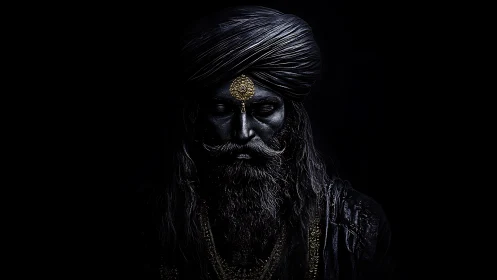Dark turbaned man with golden headpiece emerges from shadow