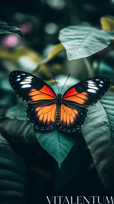 Orange and black butterfly resting on green foliage leaf.