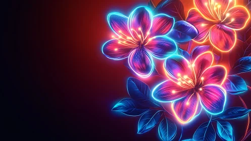 Neon floral cluster with blue foliage on dark gradient field.