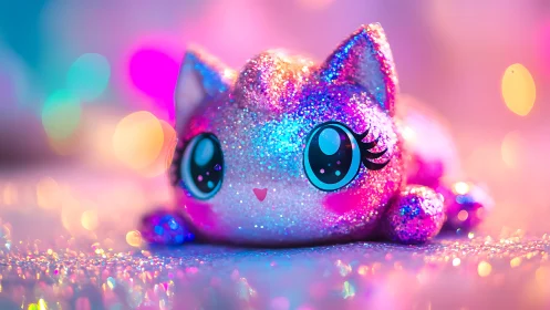 Glitter-coated kawaii cat figurine under neon bokeh lighting