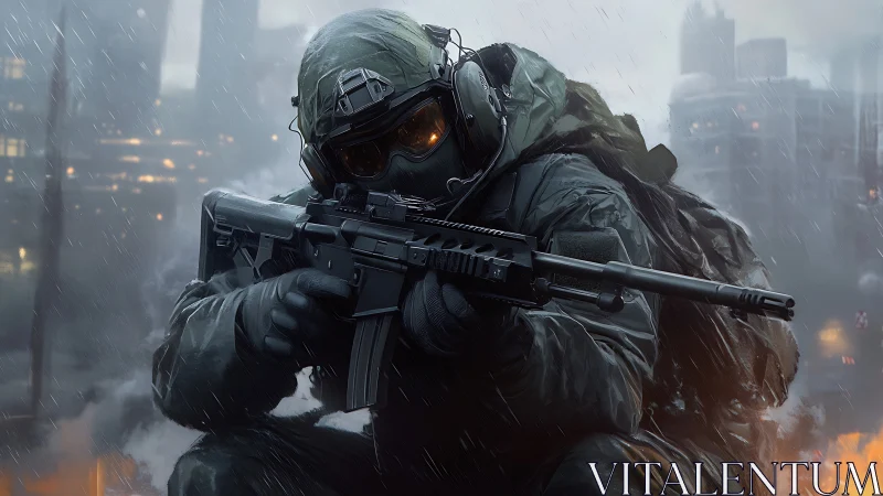 Stormfront sniper crouches in neon-soaked ruined cityscape.