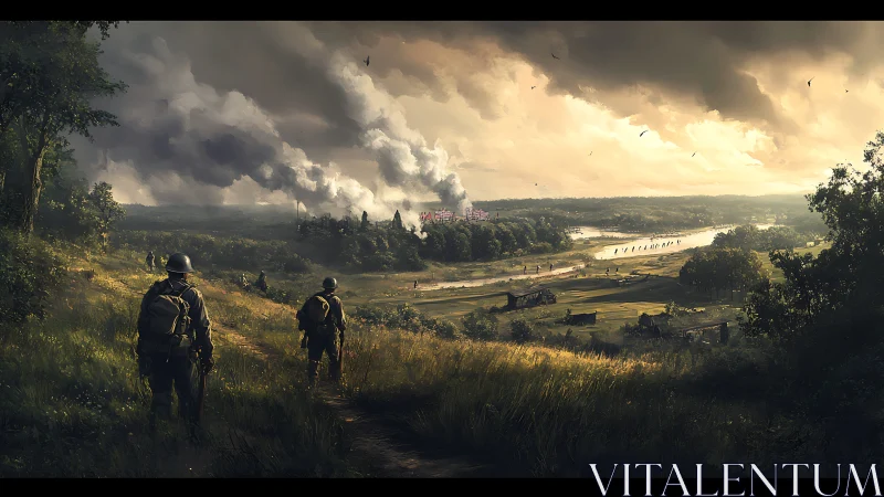 Soldiers watch a distant battlefield under a smoky golden sky