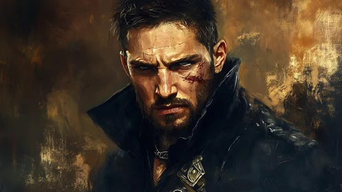 Battle-worn mercenary portrait in dramatic warm brushwork