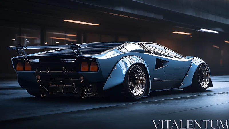 Widebody retro supercar render in moody tunnel lighting.