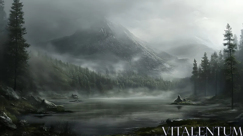 Misty conifer forest around still mountain lake at dawn.