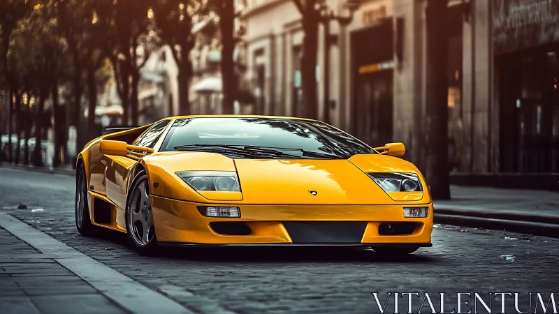 Yellow sports coupe parked on quiet urban street at dusk.